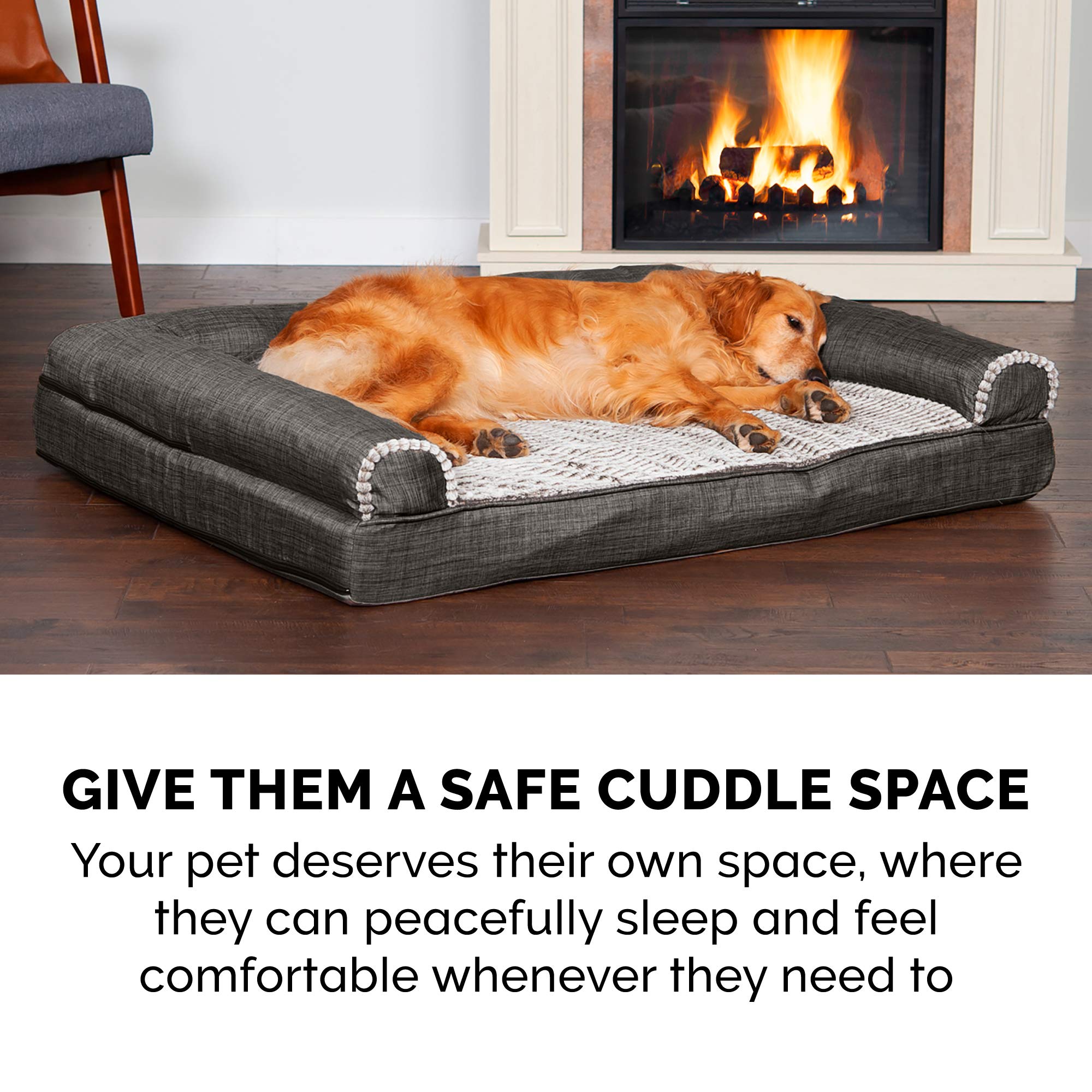 Furhaven Orthopedic Memory Foam Dog Bed for Large Dogs Up to 95 lbs - Removable Bolsters & Machine Washable Cover - Plush Faux Fur & Cooling Linen Sofa Style - Charcoal Grey (Jumbo/XL) - Perfect for Living Room, Bedroom or Pet-Friendly Office Spaces