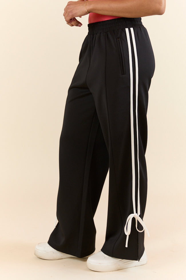 Push The Limits Black Bow Detail High-Waisted Track Pants - Women's Athletic Joggers for Yoga, Running & Lounge Wear