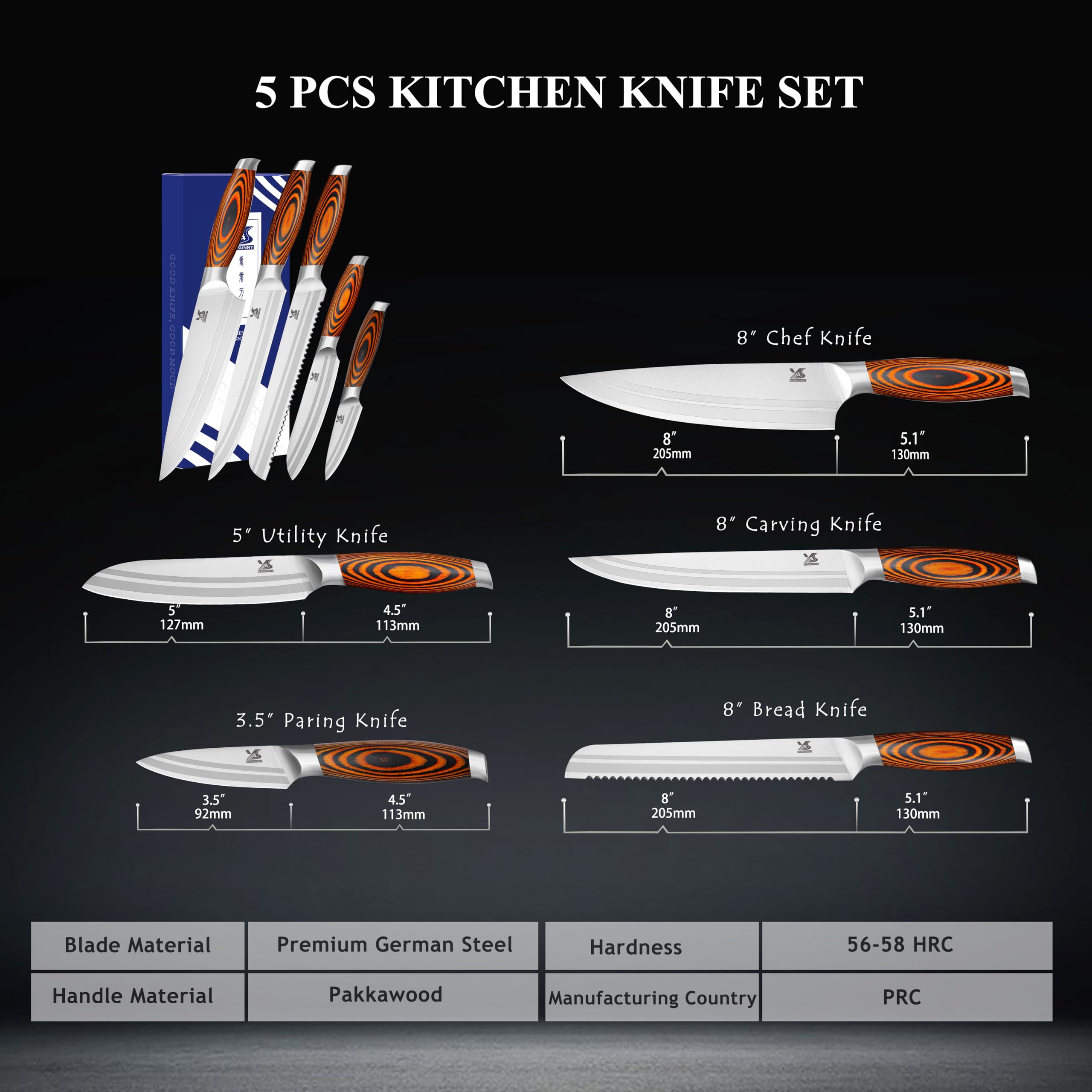 MSY BIGSUNNY 5-Piece Professional German Stainless Steel Chef Knife Set - Tang Series Kitchen Knives for Slicing, Dicing & Chopping - Perfect for Home Cooks & Professional Chefs