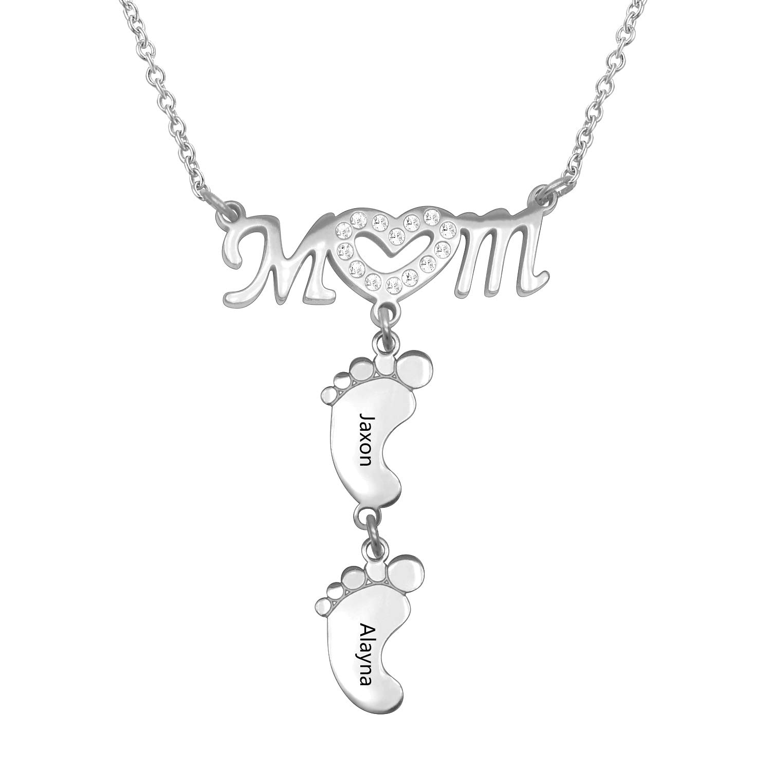 **Personalized Mom Necklace - Custom Engraved Heart & Baby Feet Charm in Sterling Silver - Unique Gift for Mother, Wife & Pregnant Women - Perfect for Mother's Day, Birthday & Anniversary Celebrations**