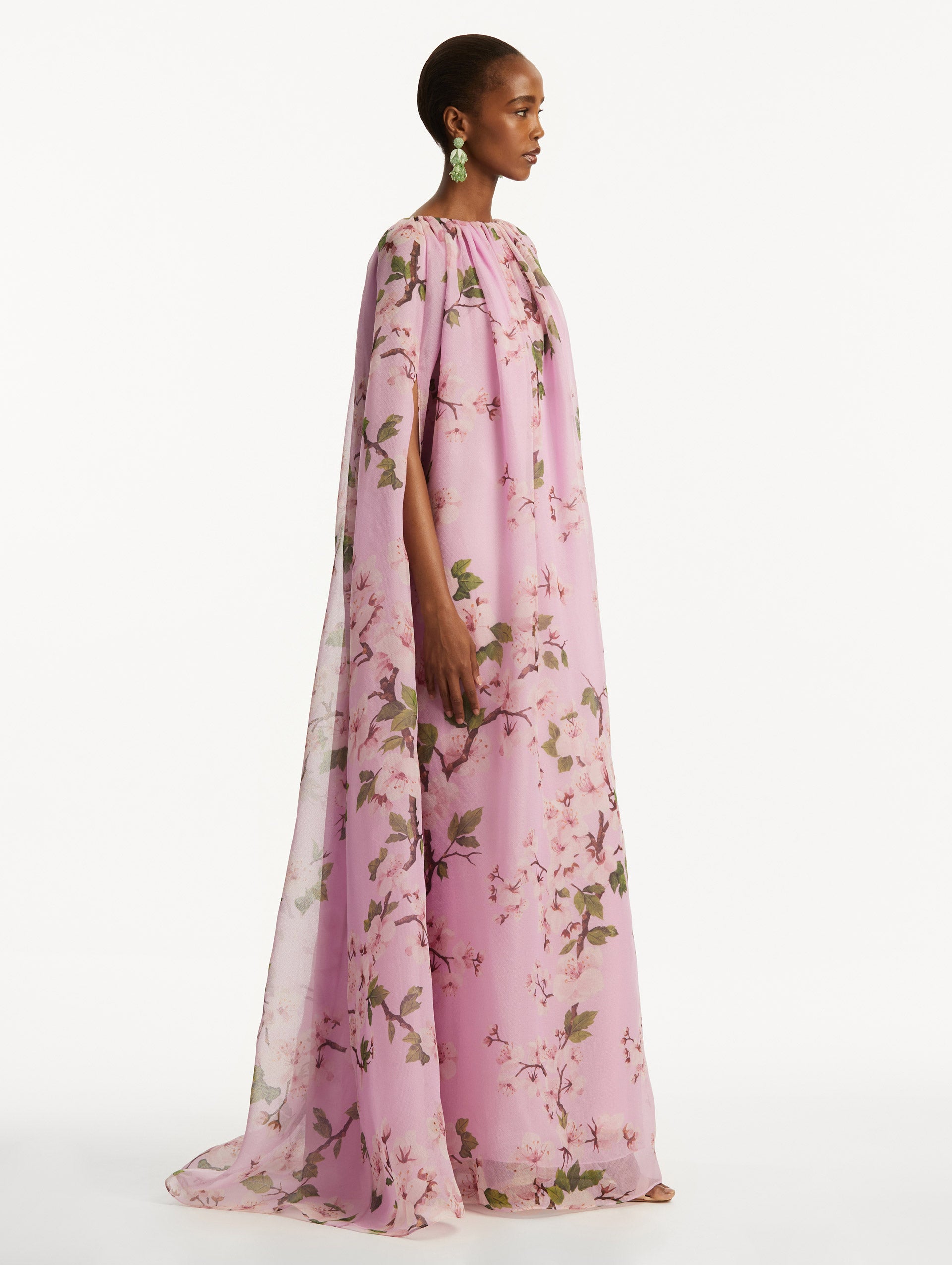 Cherry Blossom Chiffon Caftan Dress for Women - Flowy Boho Maxi Dress with Floral Print - Perfect for Beach Cover Up, Summer Vacation, and Casual Outings