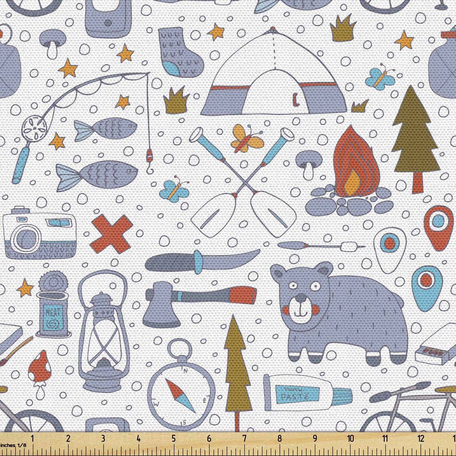 Lunarable Camping Fabric by The Yard - Cartoon Bear Tent & Compass Outdoor Hobby Print for DIY Upholstery, Home Decor (10 Yards, Vermilion Bluegrey) - Perfect for Backpacking Gear, Picnic Blankets & Nursery Curtains