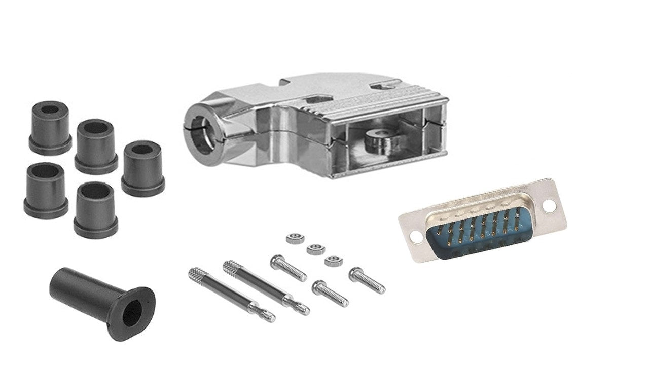 DB15 Male Solder Type Shielded Metal Elbow Hood - High Quality D-Sub Connector for Industrial Equipment, Computer Servers & Audio/Video Systems
