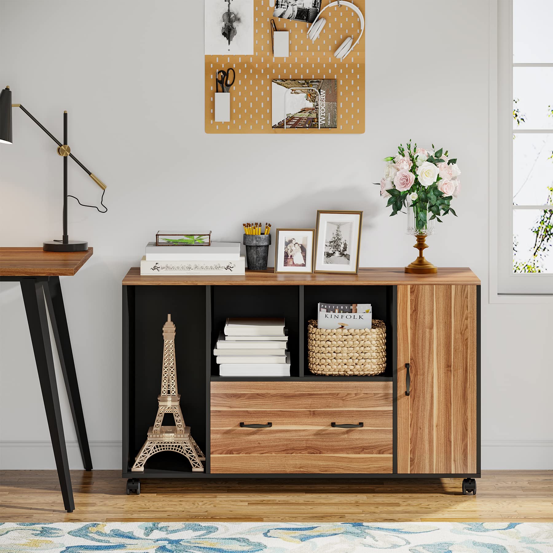 Little Tree Rolling File Cabinet with Drawer & Door - Mobile Storage Cabinet with Shelves & CPU Holder for Home Office, Living Room - Perfect for Organizing Documents, Office Supplies & Electronics