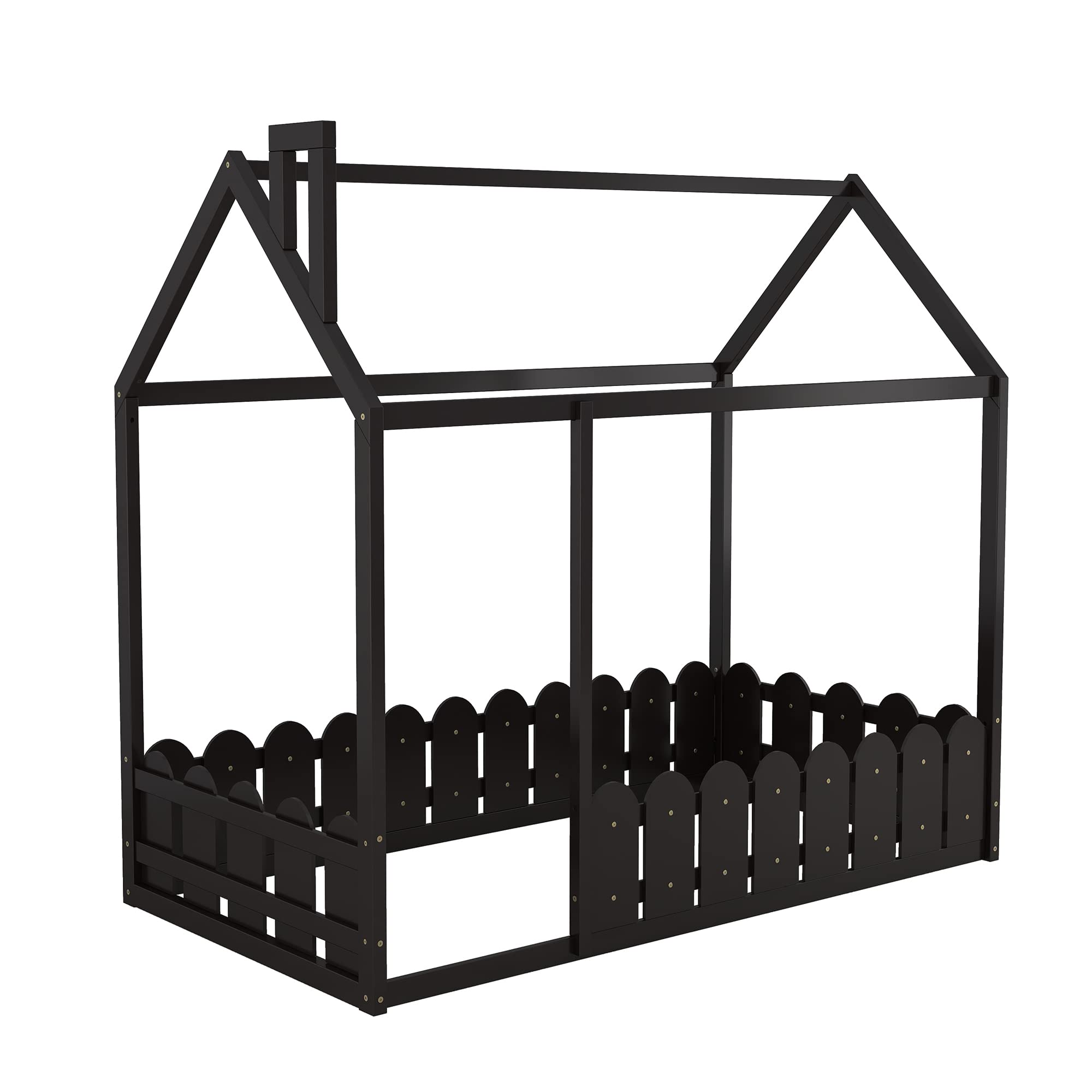**Twin Size Wooden House Bed for Kids with Fence & Roof - Espresso Toddler Bed Frame for Boys & Girls - Perfect for Bedrooms, Playrooms & Nursery Decor**