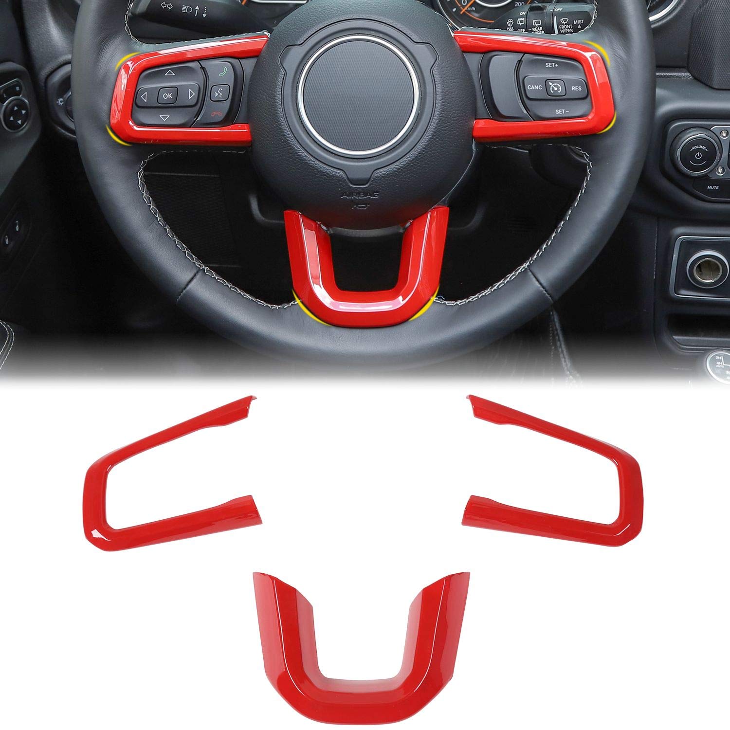 Red Leather Steering Wheel Cover for 2018-2021 Jeep Wrangler JL & 2020-2021 Jeep Gladiator JT - 3 Pack Premium Interior Accessories with Anti-Slip Grip - Perfect for Off-Road Adventures & Daily Commuting