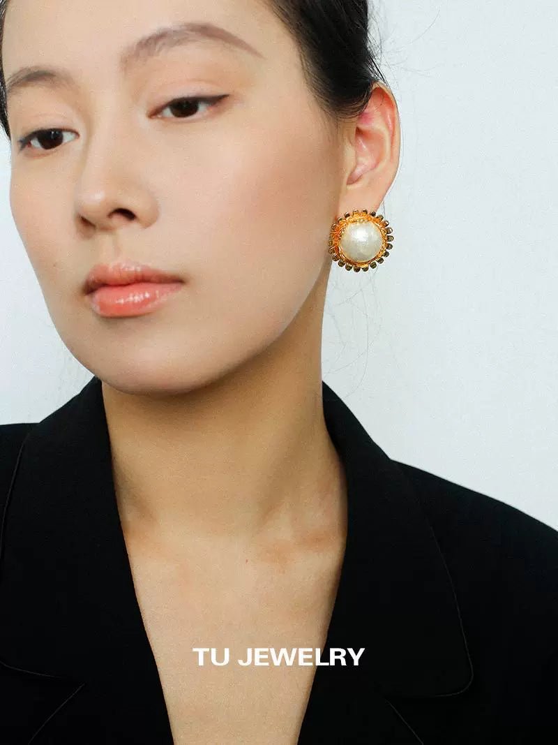 Chanel Inspired Sunflower Cotton Pearl Stud Earrings for Women - Elegant Floral Jewelry Gift for Birthday, Wedding & Daily Wear