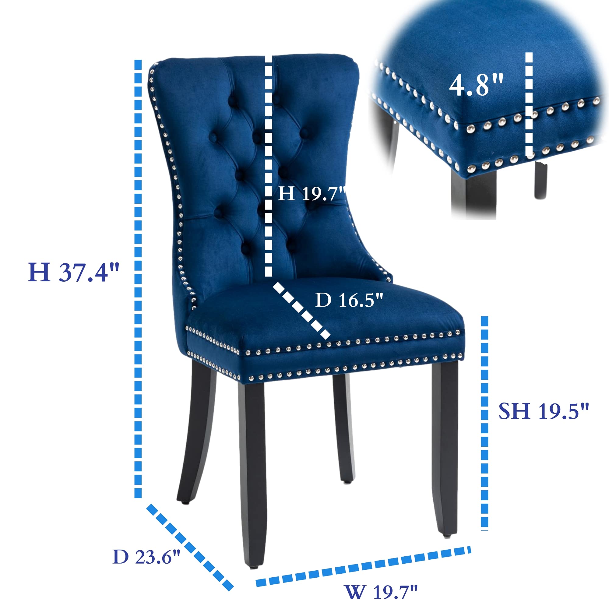 Set of 2 Blue Velvet Upholstered Dining Chairs with Nailhead Trim & Pull Ring - Elegant Accent Chairs for Dining Room, Kitchen, or Home Office Decor