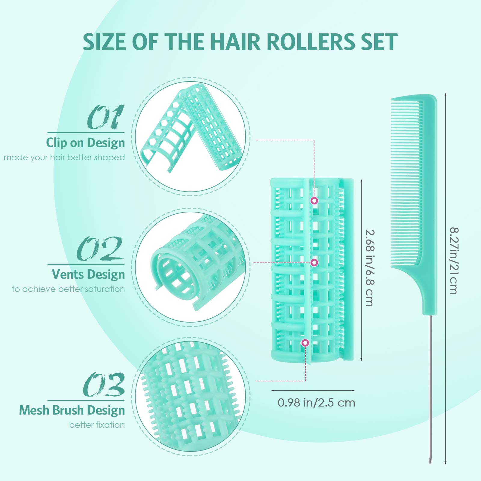 Syhood 20-Piece Plastic Hair Rollers Set - 0.98 Inch/2.5cm Hair Curlers with Rat Tail Comb for Short & Long Hair Styling - Light Green | Salon-Quality Hairdressing Tools for Home Use, Parties & Special Occasions