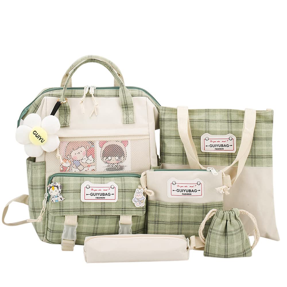 5pcs Kawaii Backpack Set for Teens - Cute Aesthetic School Backpack with Pins & Accessories | Perfect for School, Travel & Anime Fans (Green)