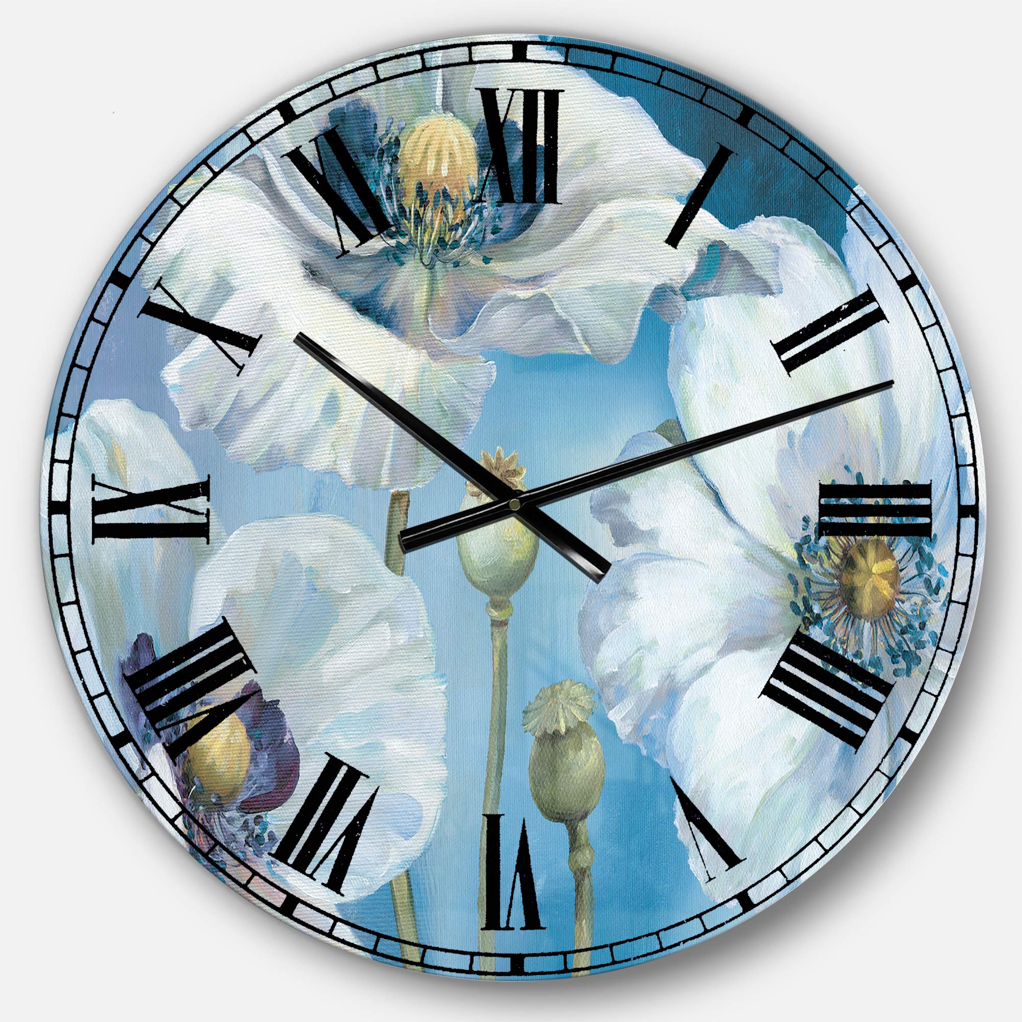 Designart Handpainted White Flower on Blue II Farmhouse Wall Clock - Round Metal Wall Art Decor for Living Room, Bedroom, Office | Rustic Home Decor & Perfect Gift Idea for Housewarming