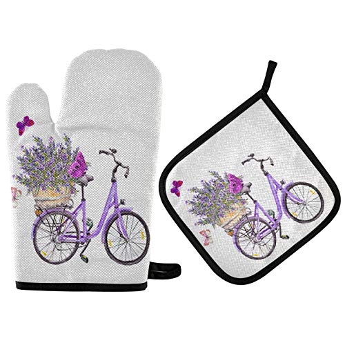 **Summer Lavender Bike Oven Mitt & Pot Holder Set – Heat Resistant Gloves for Baking, Grilling, BBQ – Purple Flower Butterfly Design – Recycled Microwave-Safe Potholders – Perfect Holiday & Kitchen Gifts**    *(Ideal for Cooking, Baking, Grilling, BBQ, and Microwave Use – Great for Home Chefs & Holiday Gift Giving)*