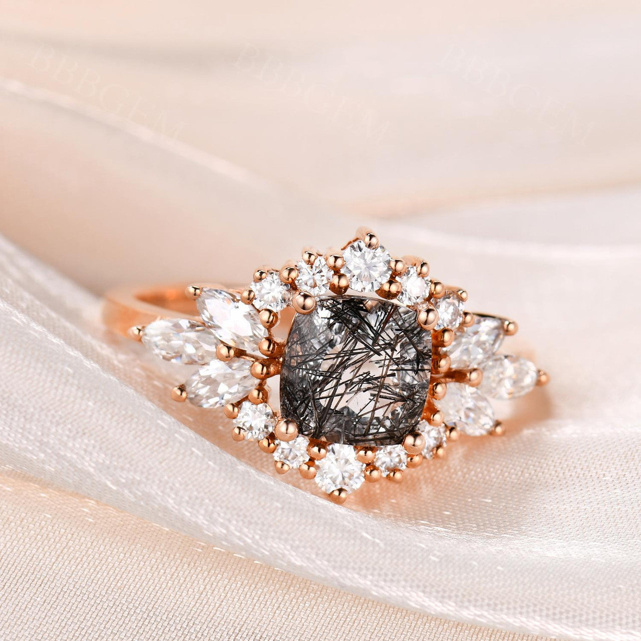 Exquisite Cluster Moissanite Halo Cushion Ring with Black Rutilated Quartz & Tourmaline | Vintage Cocktail Jewelry for Women | Perfect for Evening Parties, Weddings & Special Occasions