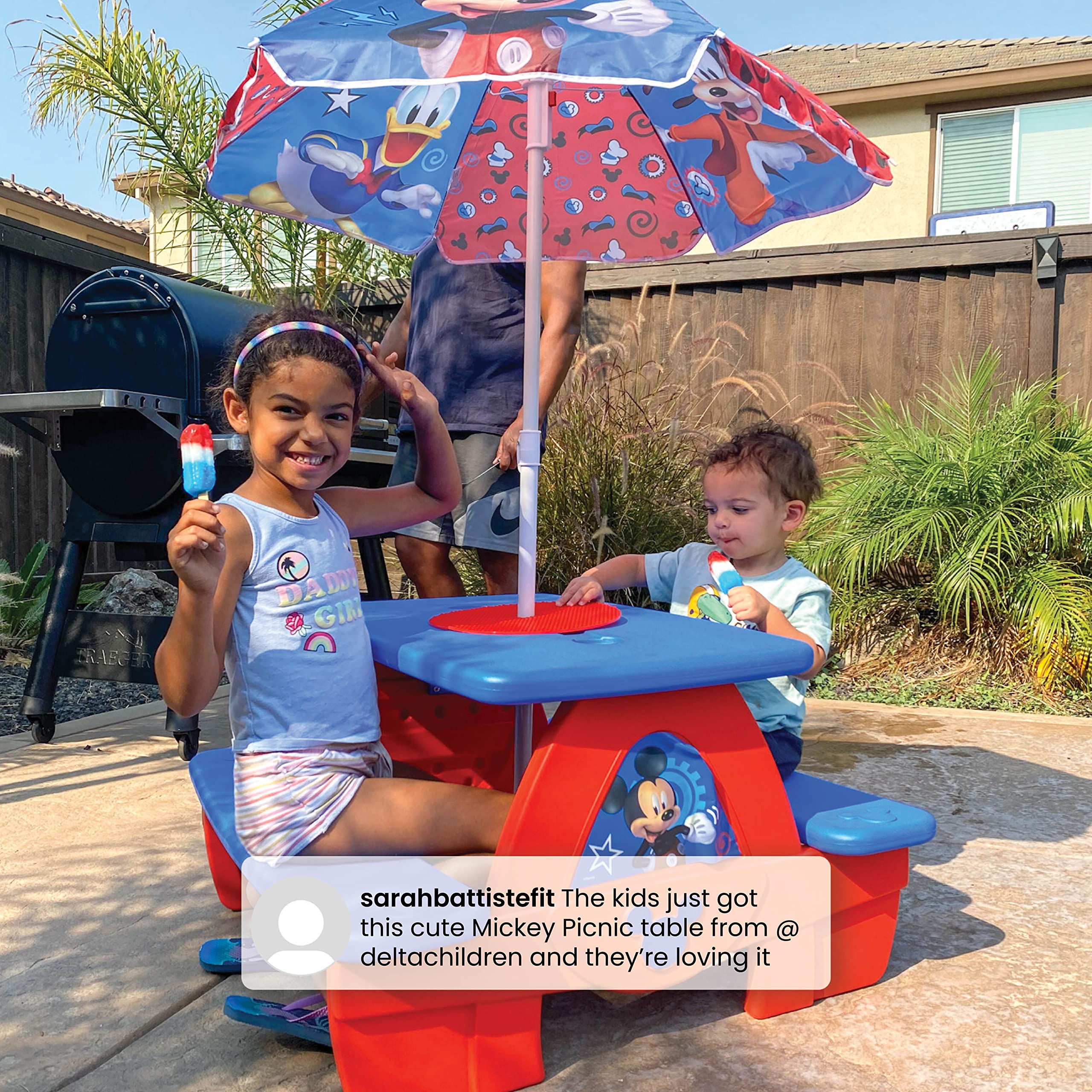 Disney Mickey Mouse 4-Seat Kids Picnic Table with Umbrella & LEGO-Compatible Tabletop - Outdoor Play, Birthday Parties, Backyard Fun by Delta Children