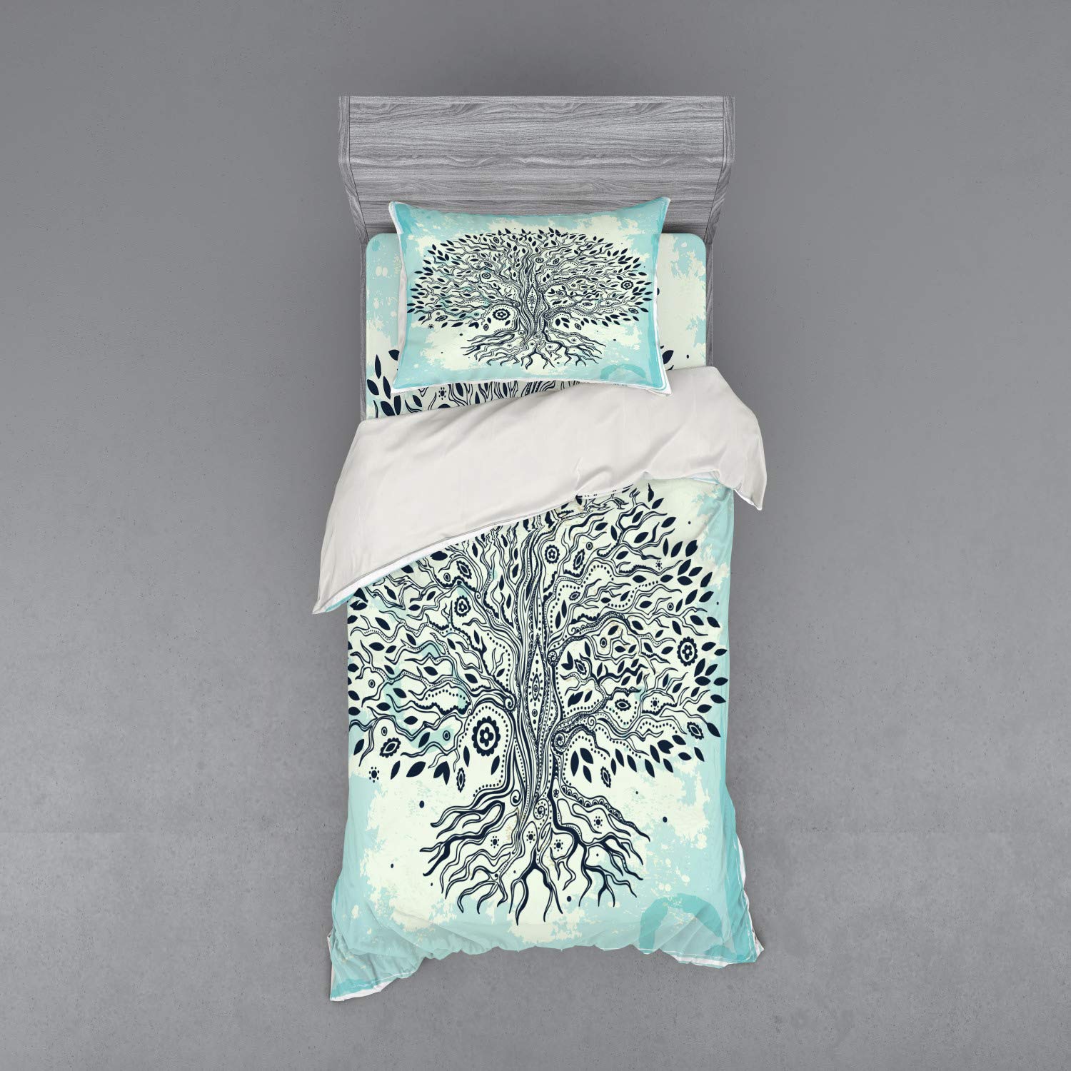 Ambesonne Bohemian Tree of Life Duvet Cover Set - 3 Piece Twin XL Bedding with Sham & Fitted Sheet, Indigo Cream Blue Ethnic Print | Perfect for Hippie, Boho & Eclectic Bedroom Decor