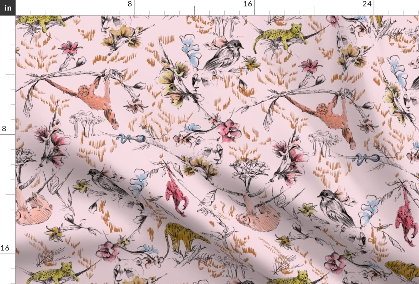 Pink Chinoiserie Monkey Sloth Tiger Cheetah Jungle Tropical Animal Print Upholstery Velvet Fabric - Fat Quarter for Home Decor, Apparel & DIY Projects | Soft & Durable for Curtains, Pillows, Clothing & Crafts