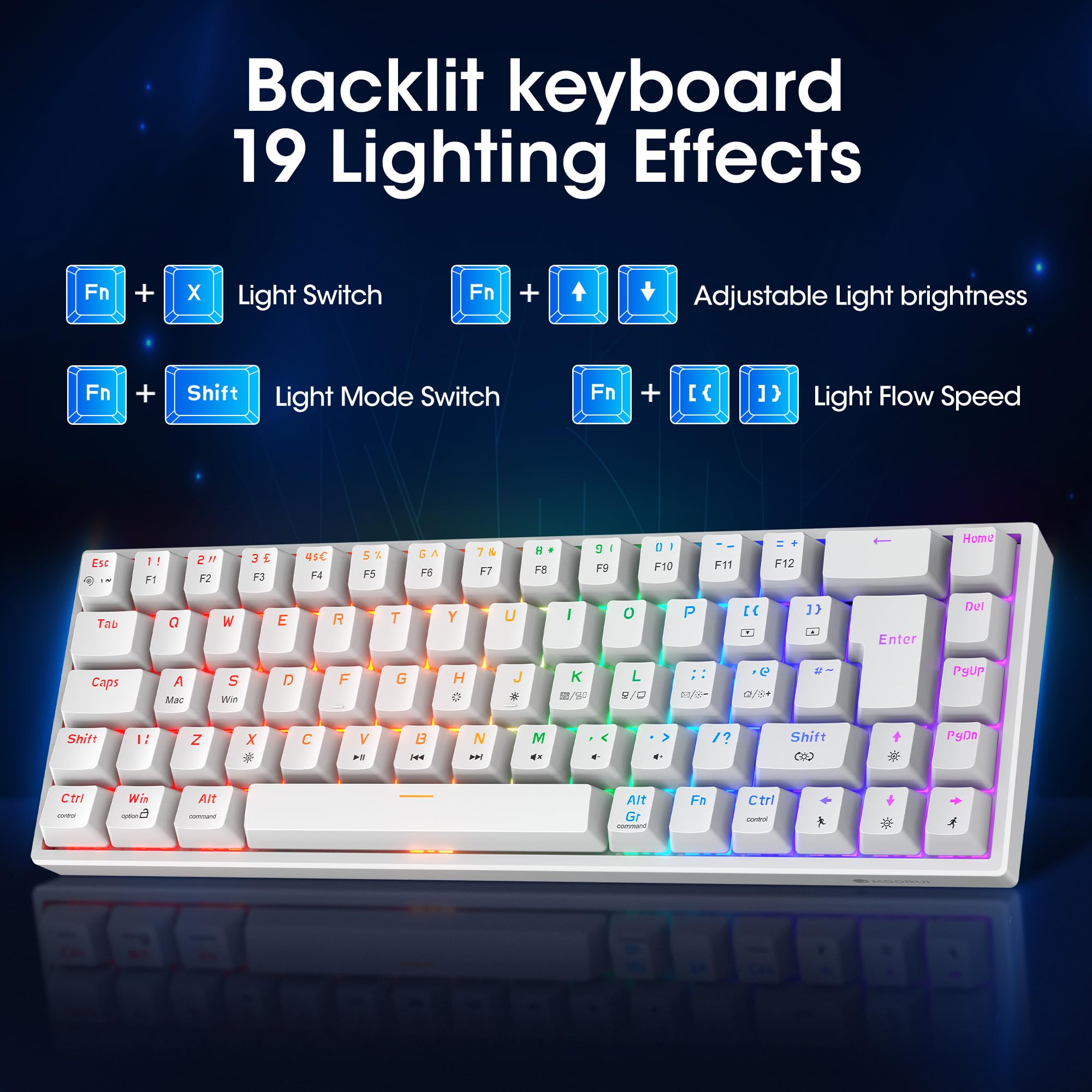KOORUI 60% Compact Mechanical Gaming Keyboard with Blue Switches - 69 Key RGB Backlit Wired Mini Keyboard for Windows PC, Mac OS, Xbox - White | Perfect for Gaming, Office Work & Typing Enthusiasts