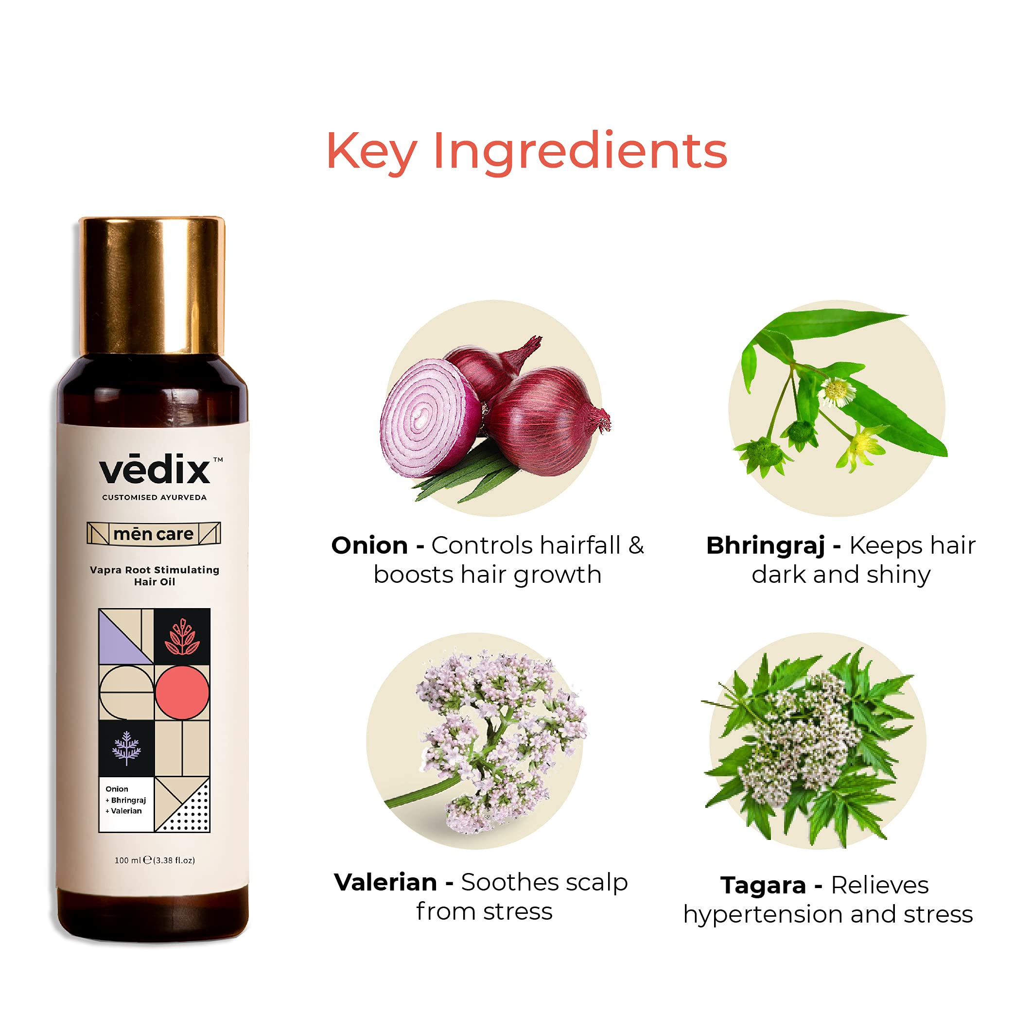 Vedix Custom Ayurvedic Hair Oil for Men - Natural Growth Treatment with Vapra Root, Onion, Bhringraj & Valerian - Hydrates Dry Scalp, Nourishes Wavy Hair - 100ml Bottle - Perfect for Daily Hair Care & Scalp Massage