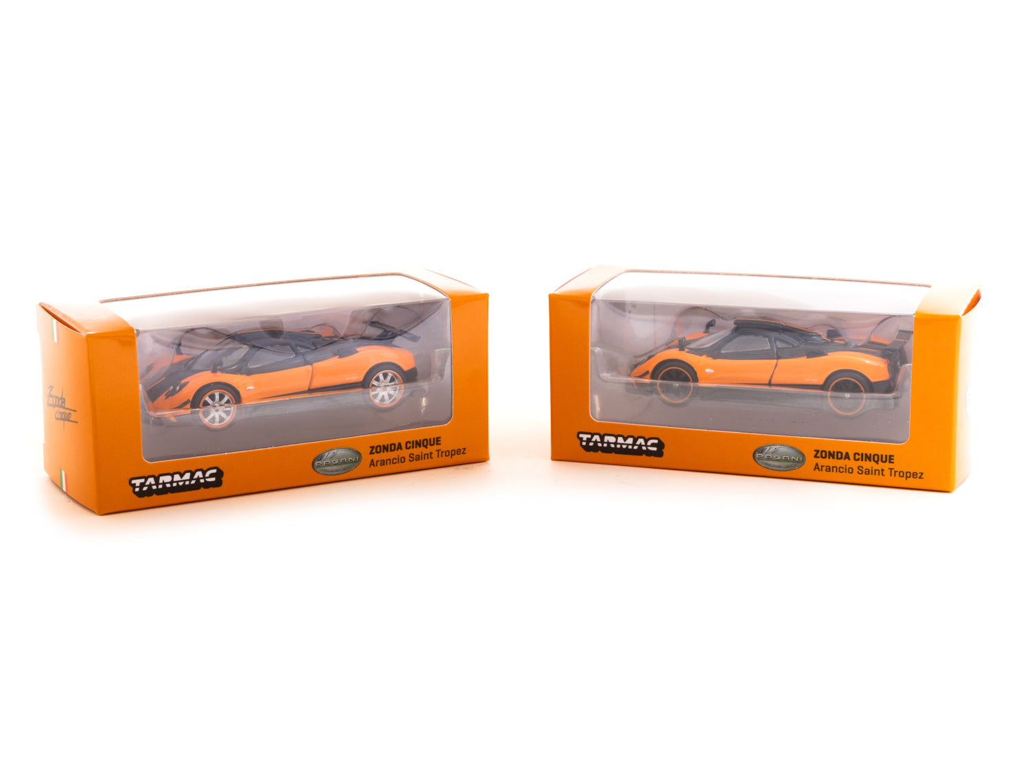 Tarmac Works 1/64 Pagani Zonda Cinque Arancio Saint Tropez Diecast Model Car - Collectible Miniature Vehicle for Display & Racing - Perfect for Car Enthusiasts & Model Collectors