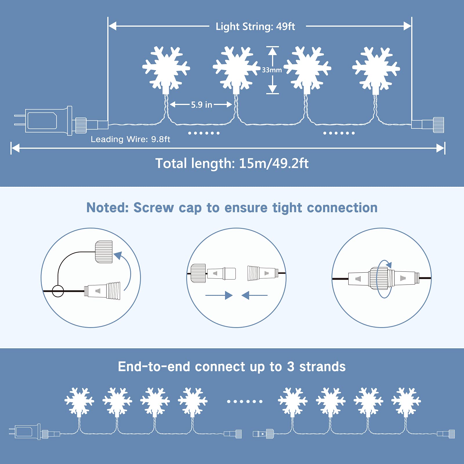 LYHOPE 49ft 100 LED Snowflake Christmas Lights - Waterproof Fairy String Lights with 8 Modes & Timer for Indoor Outdoor Decor - Perfect for Bedroom, Garden, Xmas Tree, and Holiday Party Decorations (Clear White)