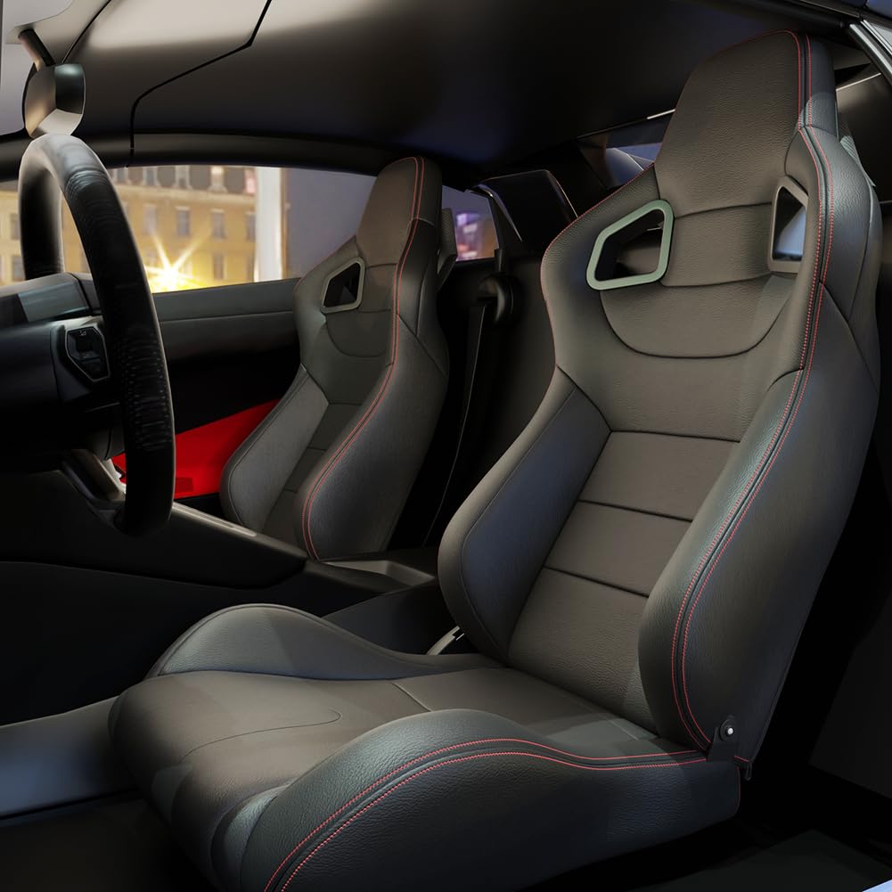 2-Piece Universal Racing Bucket Seats - PVC Leather with Dual Sliders, Reclinable Carbon Look Design for Driver & Passenger (Black) - Perfect for Sports Cars, Drifting & Track Racing