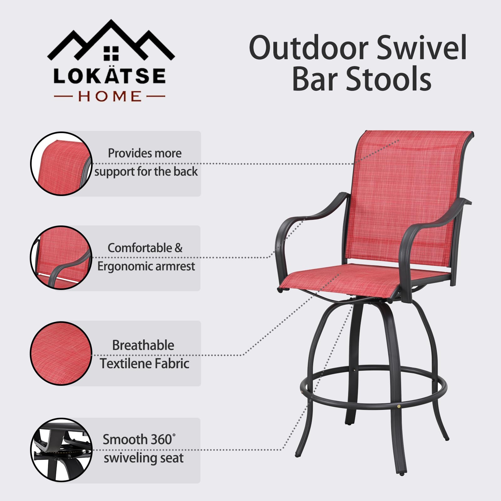 LOKATSE HOME 2-Piece Bar Height Swivel Stool Set - All-Weather Metal Frame & Red Tesling Fabric - Outdoor Patio Furniture for Backyard, Deck, Garden - Perfect for Poolside, BBQ, and Entertaining