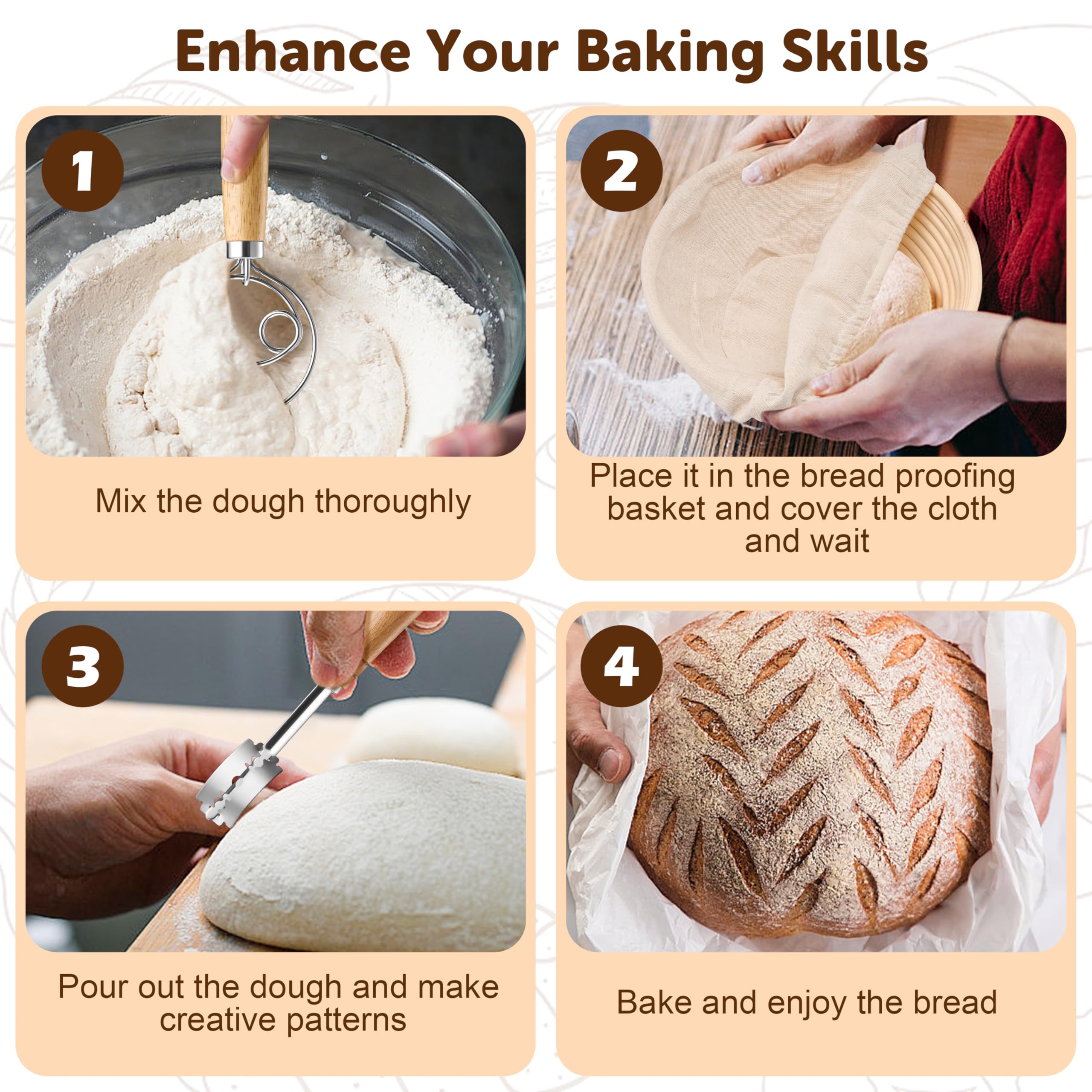 TeamFar 9” Round & 10” Oval Bread Proofing Basket Set with Liner - Sourdough Starter Kit for Artisan Bread Making (Includes Bread Lame, Whisk, Dough Scraper & Basting Brush) - Perfect for Home Bakers & Professional Bakeries