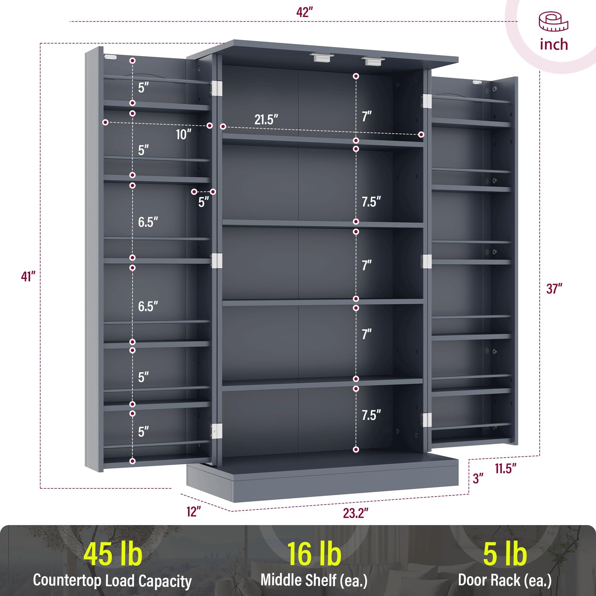 HOME BI Kitchen Pantry Cabinet - Grey Storage Cupboard with Doors & Adjustable Shelves for Kitchen, Dining Room & Living Room - Perfect for Organizing Spices, Dishes & Home Essentials