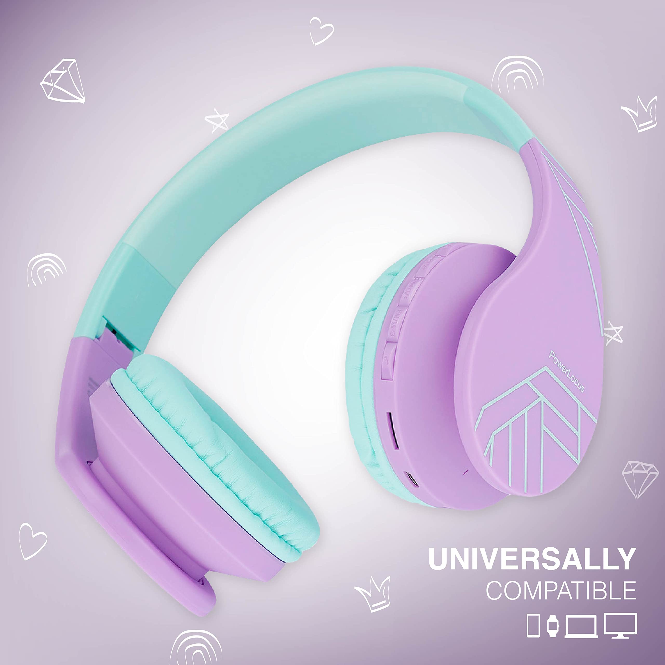 PowerLocus Kids Wireless Bluetooth Headphones with Microphone - Foldable Over-Ear Design, 85DB Volume Limit, SD Card & FM Radio - Compatible with Phones, Tablets, PC - Perfect for School, Travel & Home Learning