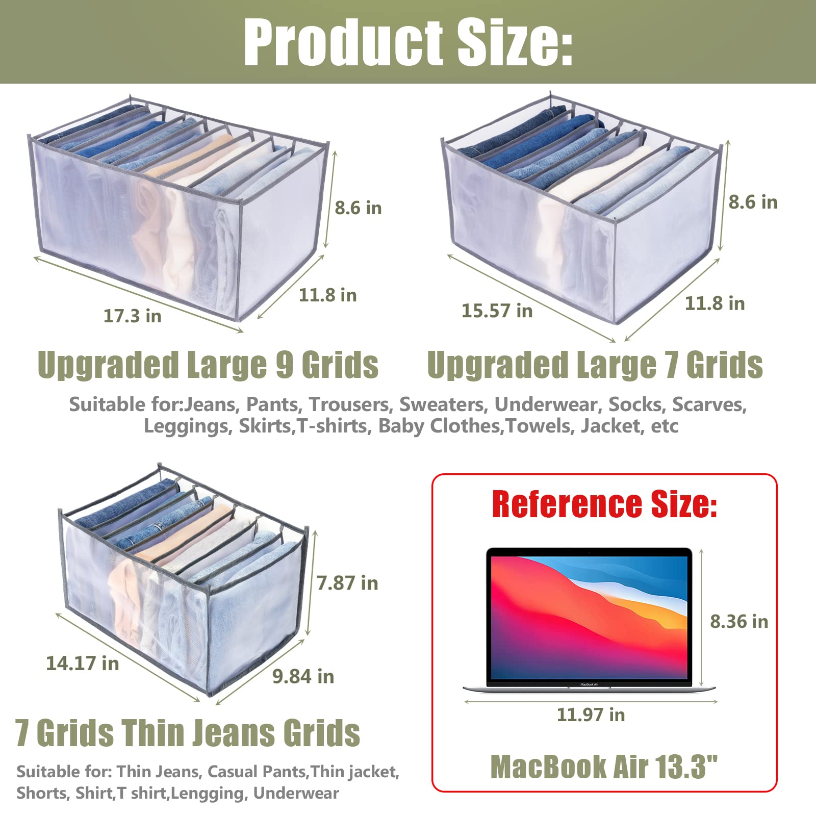 TOOVREN 3-Pack Large Mesh Jeans & Pants Organizer - 7 Grid Drawer Dividers for Folded Clothes, Wardrobe & Closet Storage Solution - Perfect for T-Shirts, Sweaters & Denim Organization