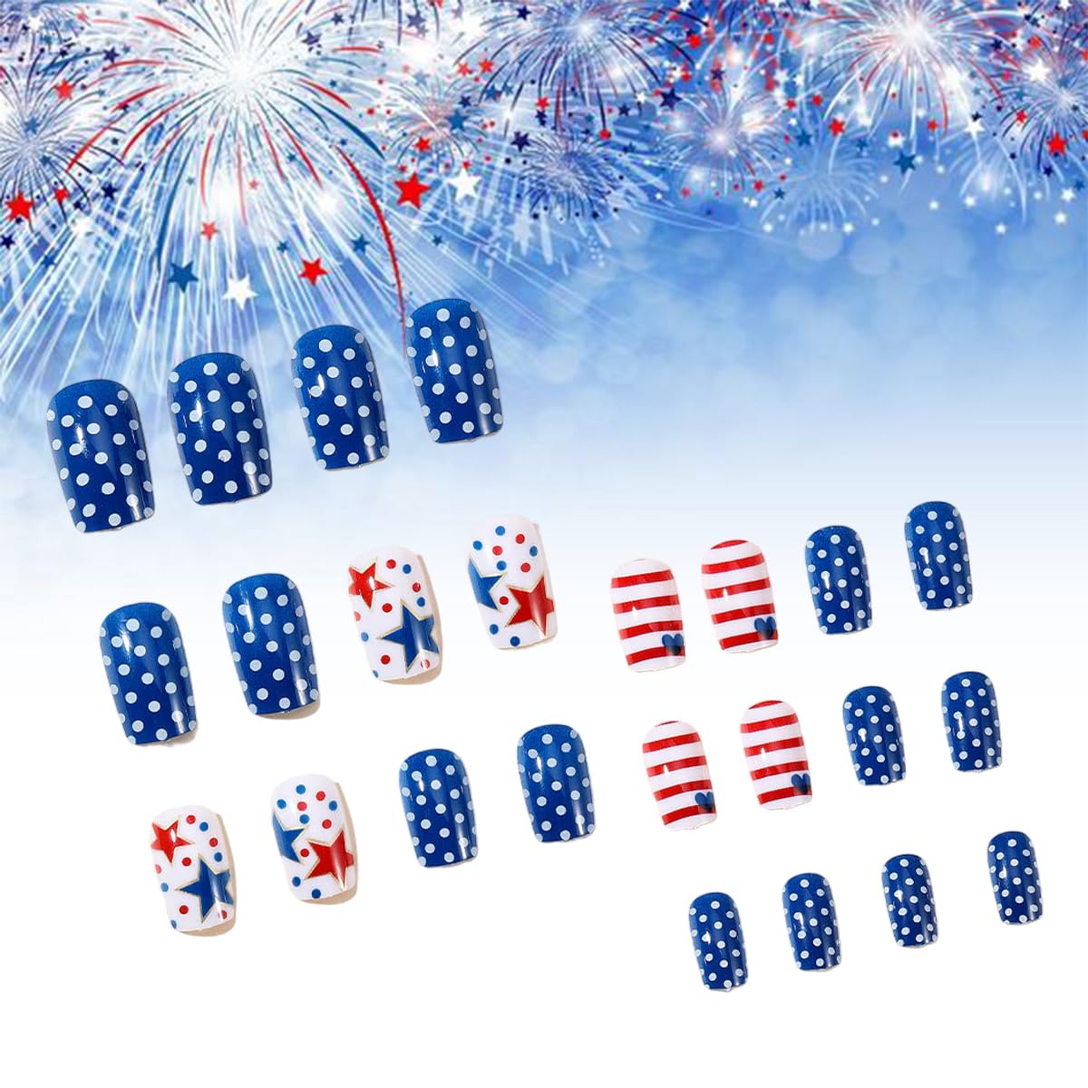 4th of July Press on Nails - Short Round Patriotic Fake Nails with Stars, Stripes & Dots | 24PCS Full Cover Glue on Acrylic Nails for Women & Girls | Perfect for Independence Day Parties, Nail Art & USA Themed Events