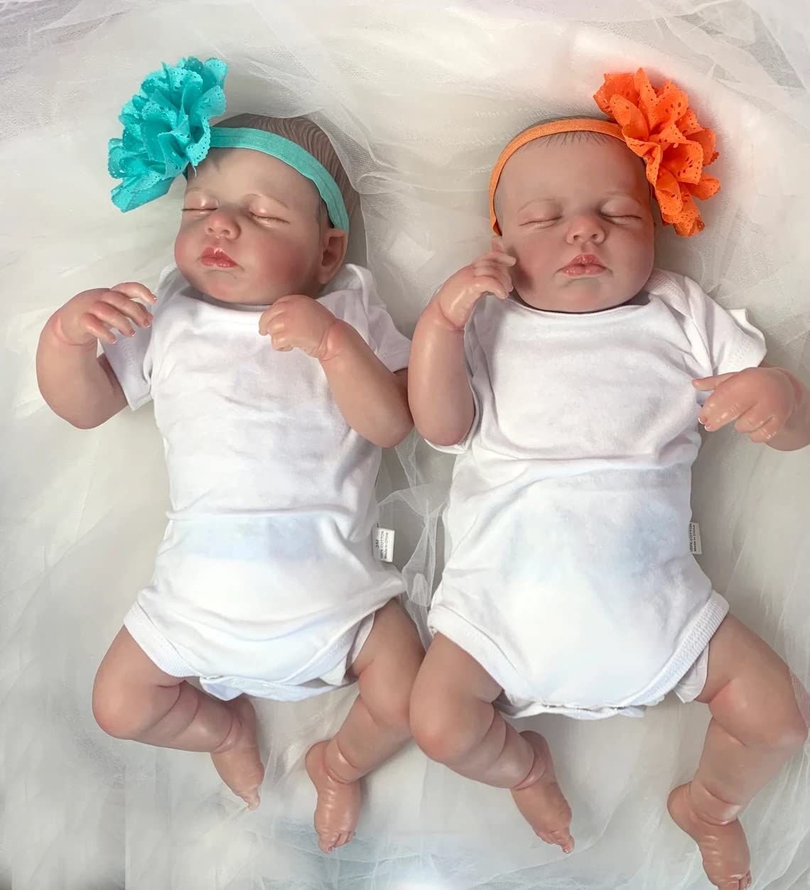 Anano 20 Inch Realistic Sleeping Reborn Baby Doll Twins Set - Lifelike Soft Silicone Newborn Preemie Infant with Big Flower Headband & Feeding Accessories - Perfect for Collectors, Photography Props, and Therapy Comfort