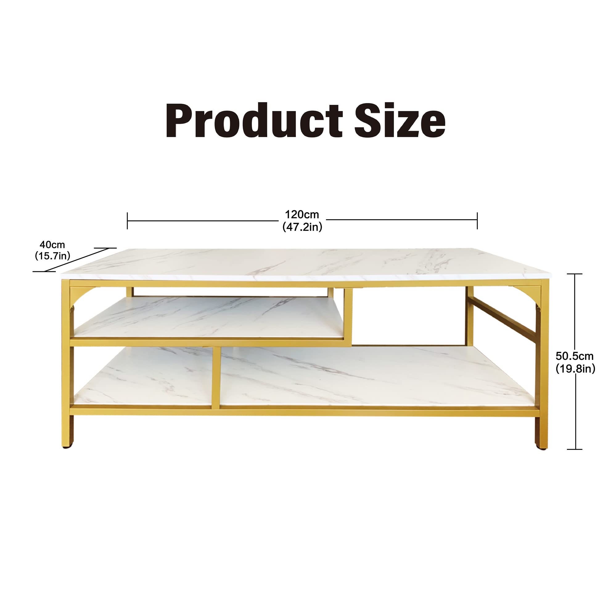 AT-VALY 3-Tier TV Stand with Open Shelves - Gold Metal Frame & White Faux Marble Top Media Console Table for Living Room, Bedroom - Perfect for Organizing Entertainment Systems, Books & Decor