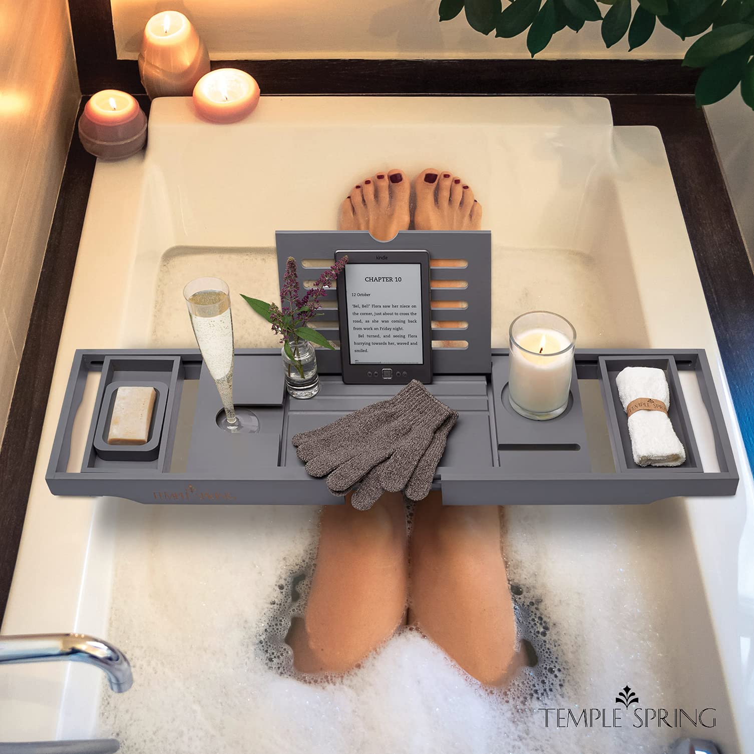 Premium Bamboo Bathtub Tray with Slate Grey Finish - Spa-Quality Wooden Tub Caddy for Bath Essentials, Books & Wine - Perfect Relaxation Accessory for Home Spa & Bubble Baths