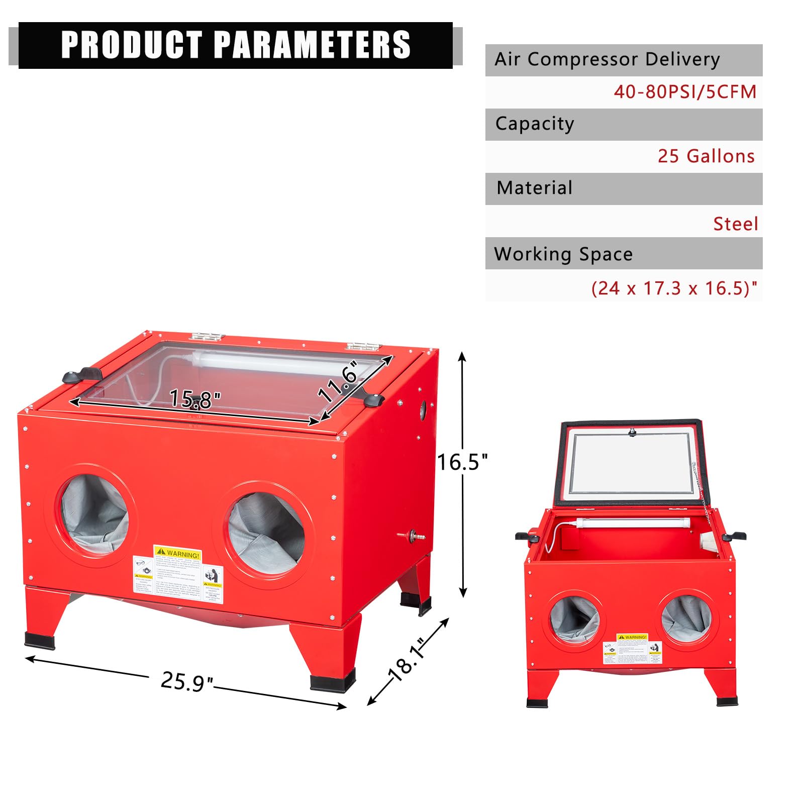 25 Gallon Portable Bench Top Sand Blasting Cabinet - Heavy Duty Steel Air Sandblaster with Spray Gun for Metal, Wood & Auto Restoration - Works with 40-80PSI/5CFM Air Compressor - Perfect for DIY Projects, Rust Removal & Surface Preparation