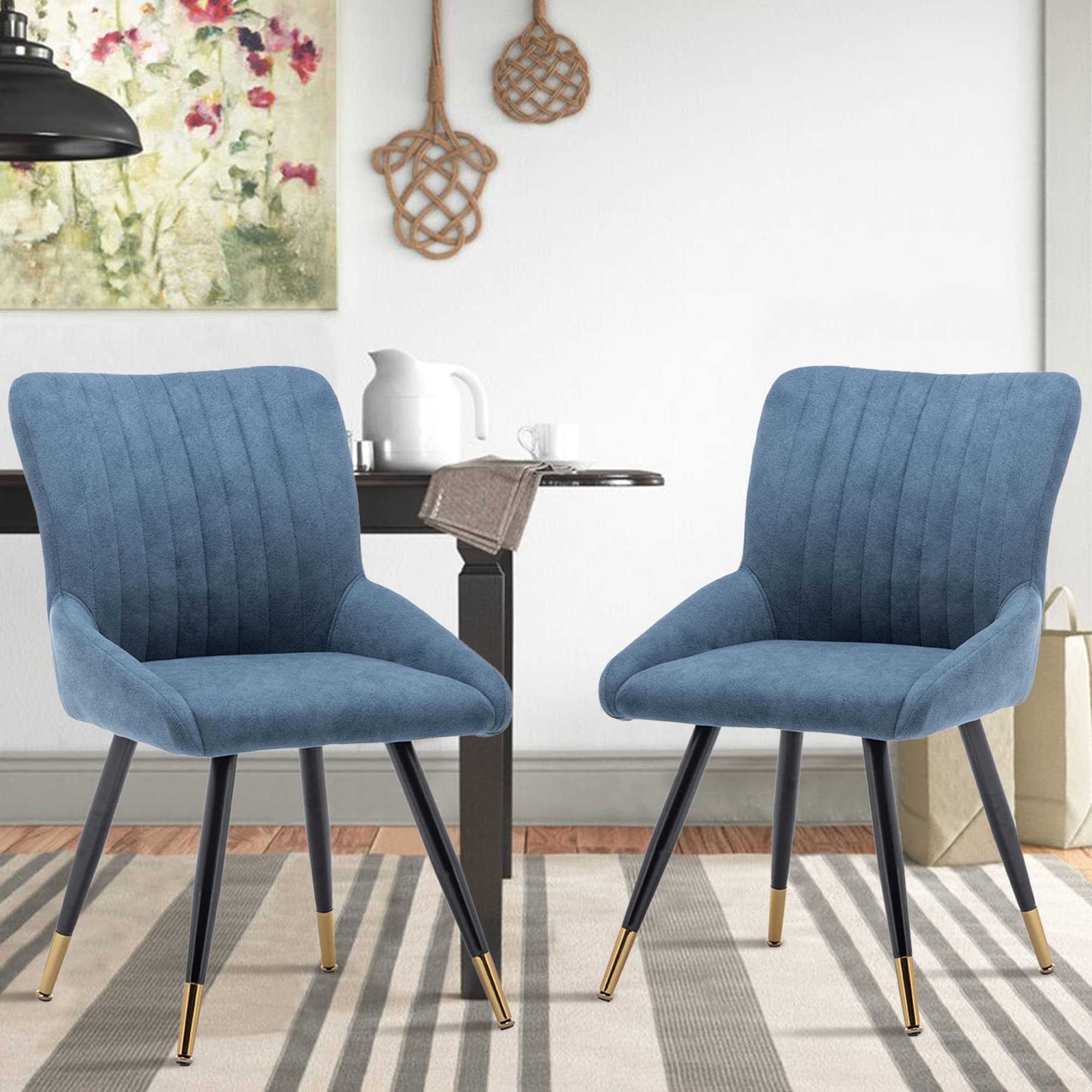 Modern Upholstered Dining Chairs Set of 2 - Mid Century Armless Accent Chairs with Gold Metal Legs, Faux Suede Fabric for Kitchen, Living Room & Office - Blue | Comfortable Seating for Dining, Entertaining & Home Decor