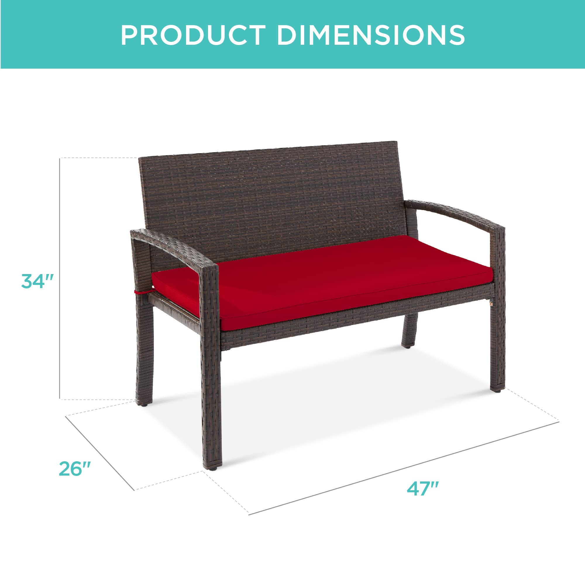 Best Choice Products 2-Person Outdoor Wicker Bench with Seat Cushion - 700lb Capacity Brown/Red - Patio Garden Furniture for Backyard, Porch & Outdoor Seating | Perfect for Relaxing, Entertaining & Enhancing Outdoor Spaces
