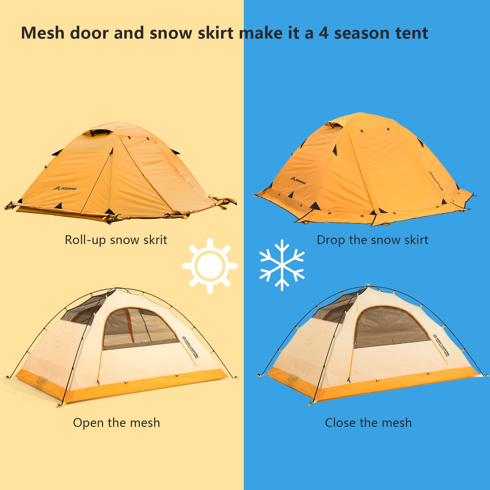 BISINNA 4 Season Backpacking Tent - 2 Person Lightweight Winter Tent for Cold Weather, Waterproof Double Layer All Season Camping Tent with Aluminum Alloy Poles - Easy Setup for Hiking, Mountaineering & Outdoor Adventures