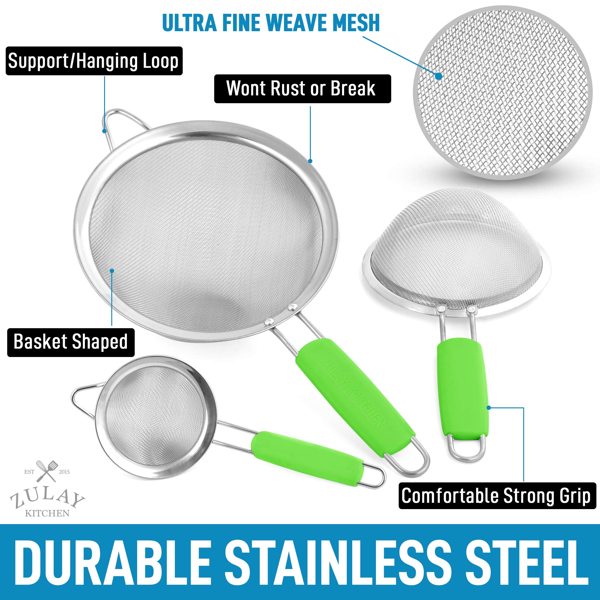 Premium Stainless Steel Strainer Set - 3 Sizes for Kitchen Use - Durable & Non-Slip