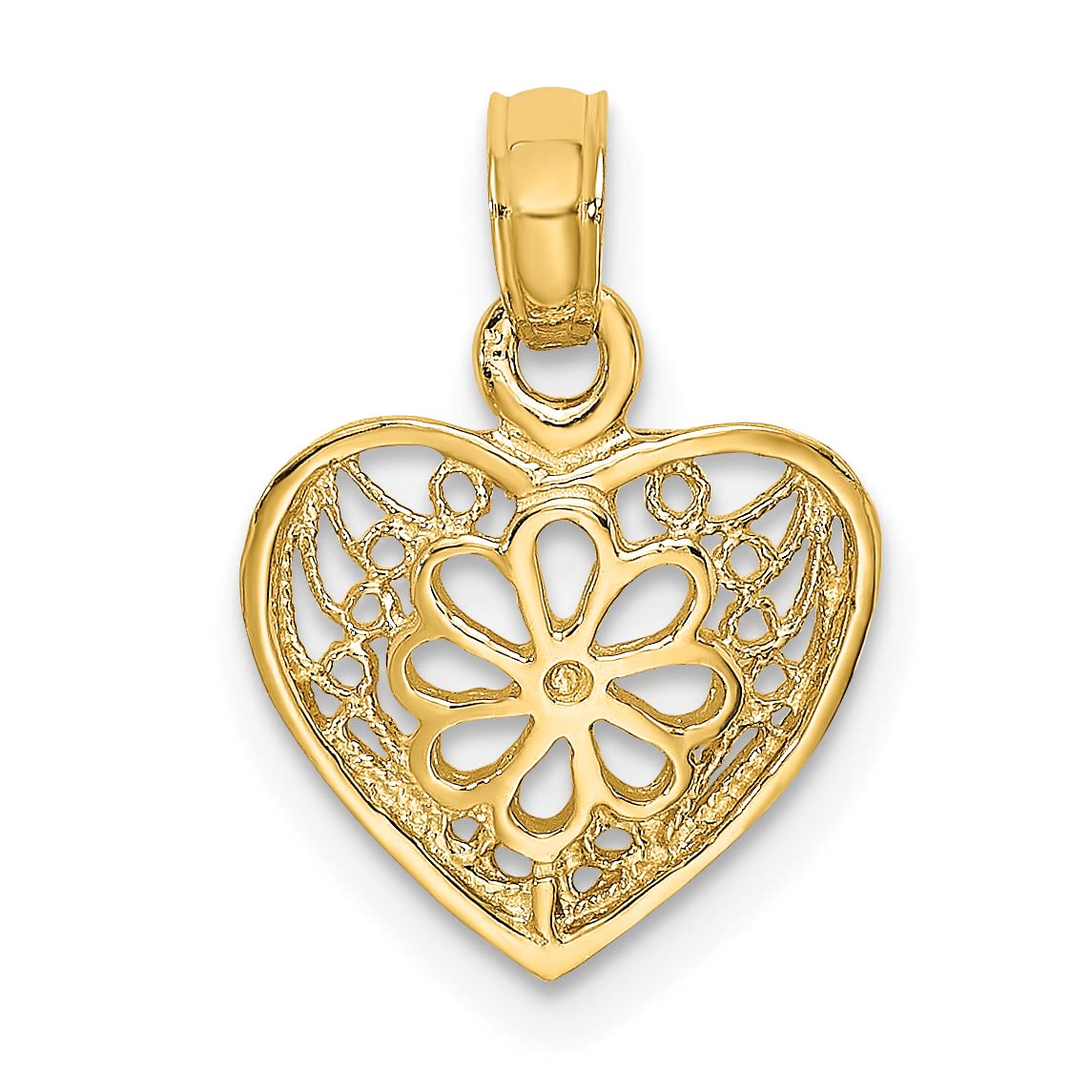 14k Yellow Gold 2D Filigree Heart Charm with Flower Design - Elegant Jewelry Gift for Women - Perfect for Valentine's Day, Anniversary & Special Occasions