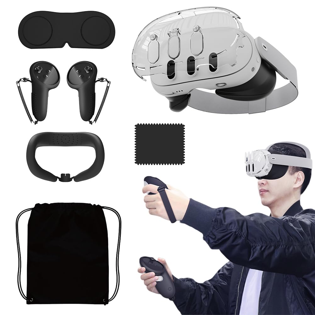 7-in-1 Protective Accessory Set for Meta Quest 3/930 - Transparent VR Cover, Silicone Controller Grips, VR Headset Accessories - Perfect for Gaming, Virtual Reality & Home Entertainment