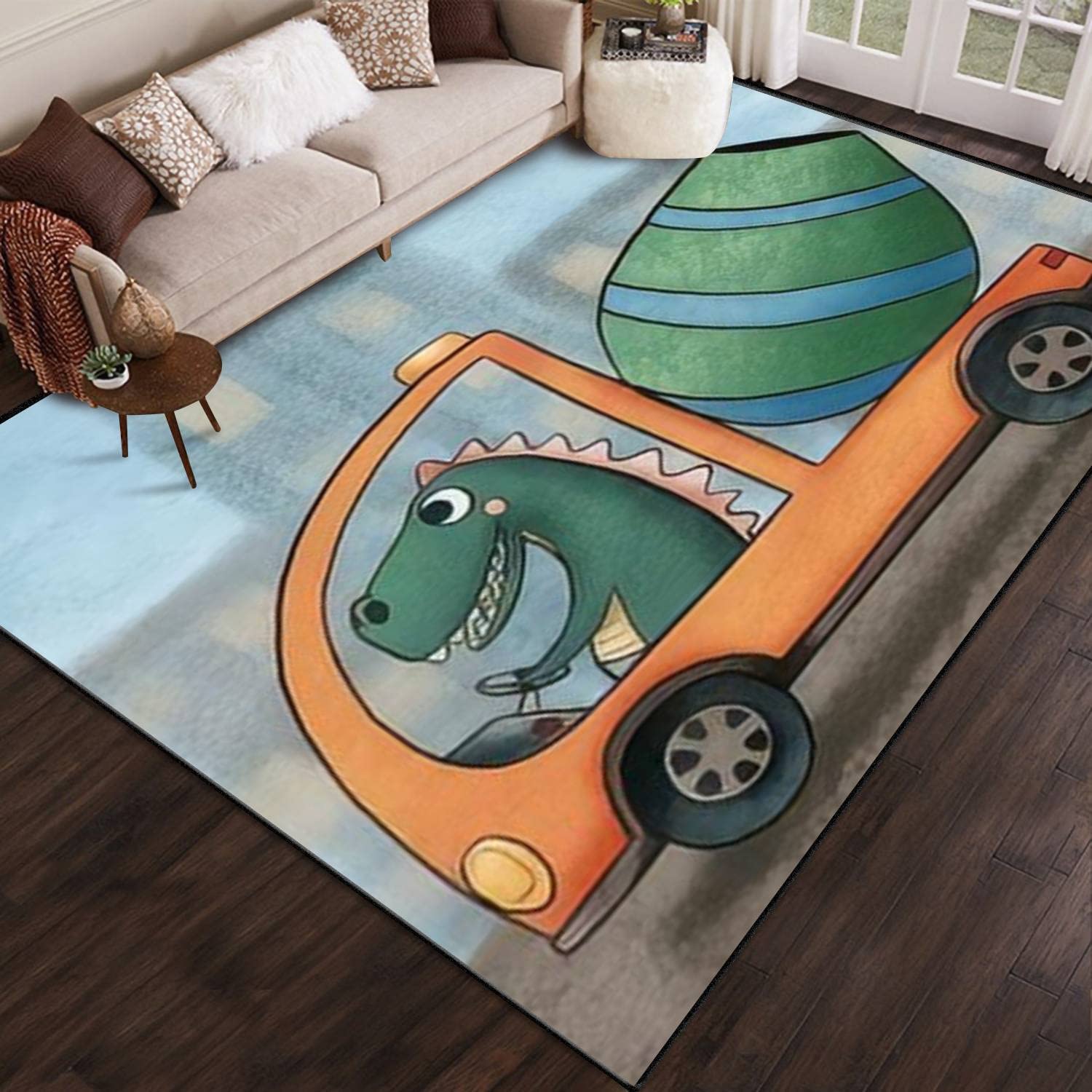 PeeNoke Green Alligator Dragon Dinosaur Design Non-Slip Area Rug - 6x9 ft Modern Play Mat for Kids Room, Nursery, Living Room & Outdoor Patio - Perfect for Playtime, Home Decor & Concrete Mixer Truck Theme
