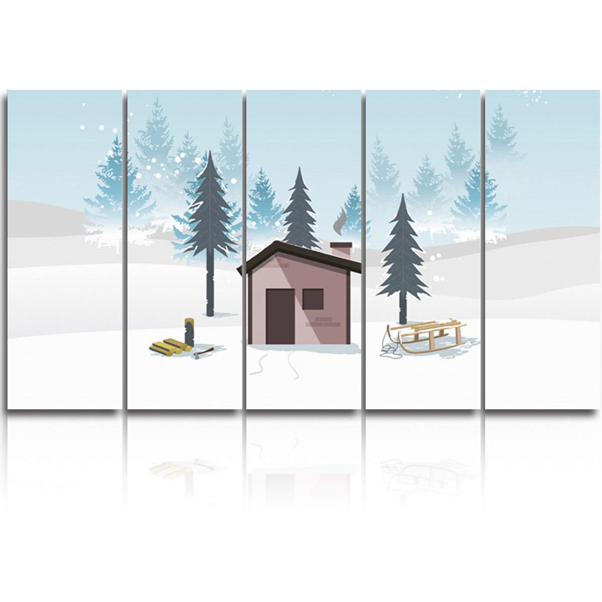 Modern Canvas Wall Art - Beautiful Snowscape House Painting Print, 5-Piece Set (8x24 in Each) for Home & Office Decor - Perfect for Living Room, Bedroom & Entryway