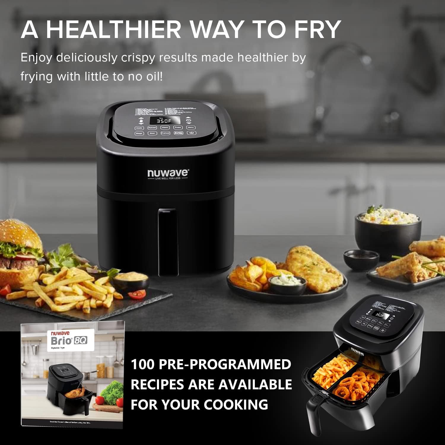 NUWAVE Brio 8-Quart Air Fryer with 1800W Power - Digital Display, Precise 50°F to 400°F Temperature Control - 100 Presets & 50 Memory Slots - Built-in Smart Thermometer & Linear T Technology - Perfect for Healthy Cooking, Family Meals & Quick Snacks