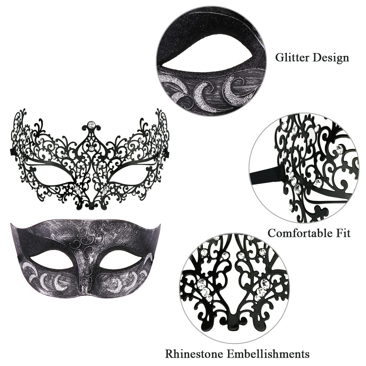 Elegant Venetian Metal Masquerade Mask Set for Couples - Perfect for Halloween, Mardi Gras, Costume Parties & Venetian Balls | Handcrafted Venetian Style Party Masks for Carnival, Weddings & Formal Events