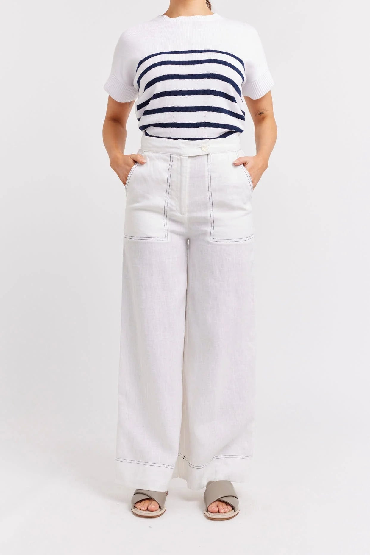 CLIO Linen Pants for Women - High Waisted Wide Leg Trousers in White | Breathable Summer Pants for Office, Travel & Casual Wear