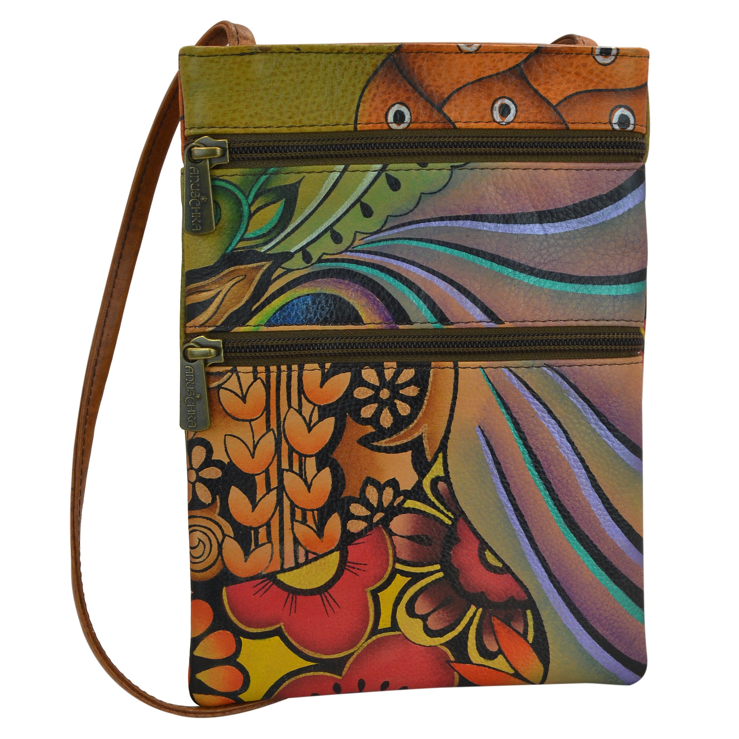 Anuschka Hand Painted Genuine Leather Crossbody Purse for Women - Mini Double Zip Travel Bag with Magnetic Closure, ID Holder & Eyeglass Case | Perfect for Daily Use, Shopping & Vacation Accessories