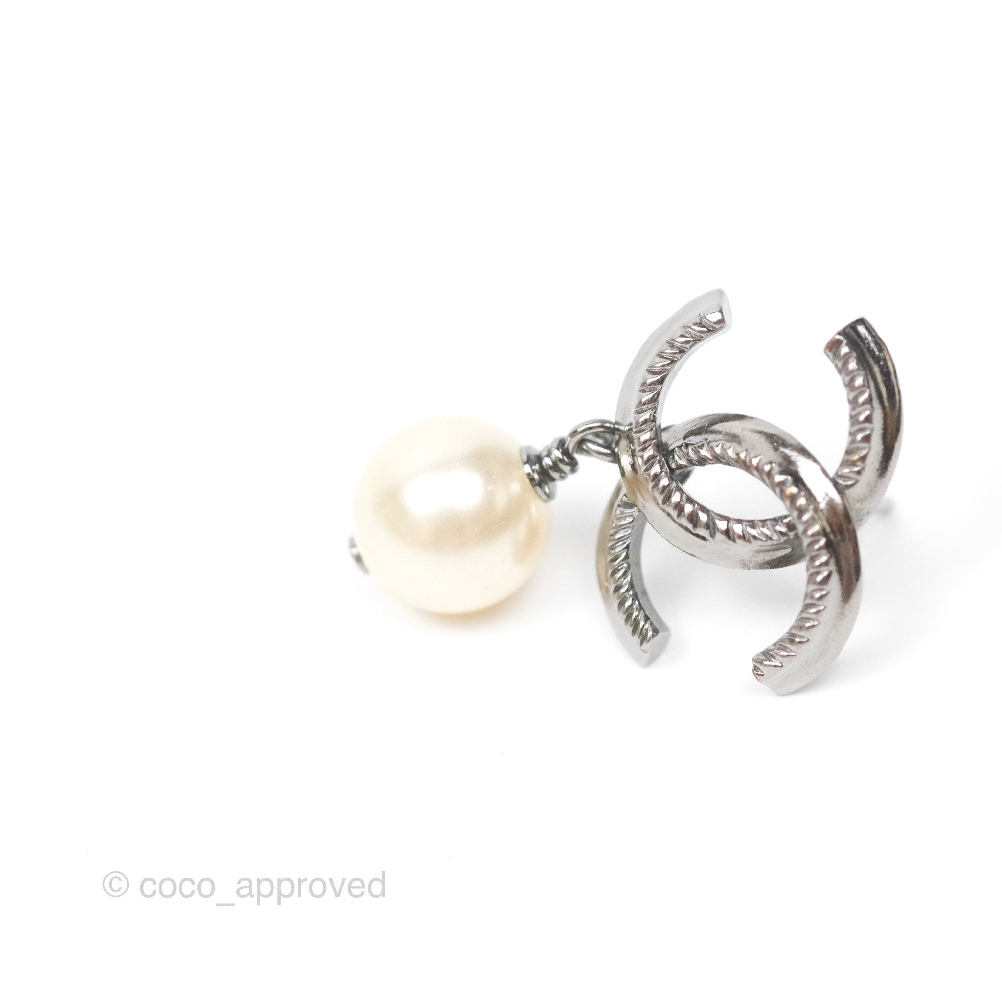 Chanel CC Pearl Drop Earrings in Gun Metal - Elegant Luxury Jewelry for Women | Perfect for Parties, Weddings & Special Occasions