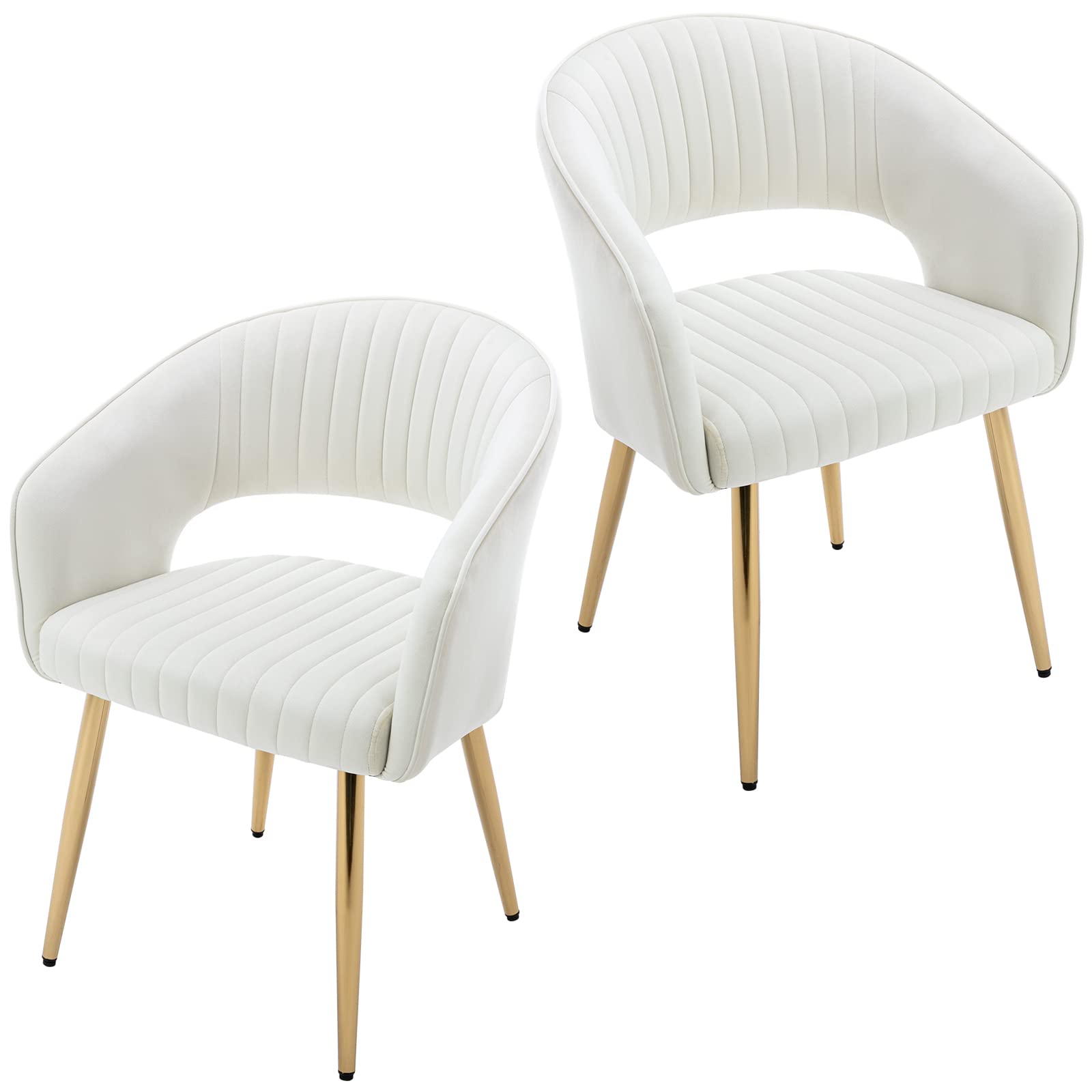 Modern Velvet Upholstered Accent Chairs with Gold Legs - Set of 2 Hollow Back Dining Chairs with Quilting Padded Cushion for Living Room, Guest Room, or Side Seating - Cream Indoor Furniture (2-Pack)
