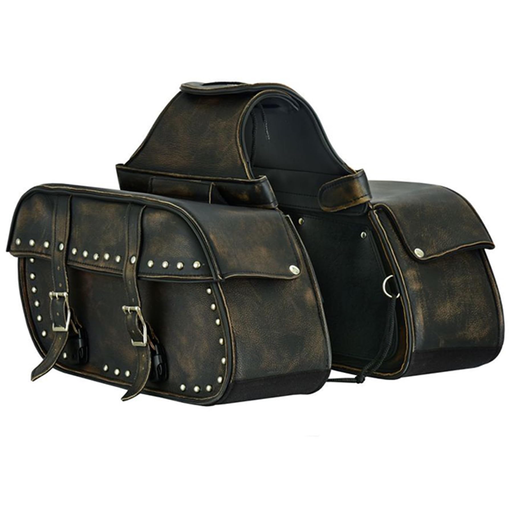 Dream Apparel Genuine Cowhide Leather Motorcycle Saddlebags - Studded Throw Over Side Bags for Honda Shadow, Sportster, Softail, Dyna & V-Star Cruisers (Distressed Brown) | Waterproof Storage for Road Trips & Daily Commute